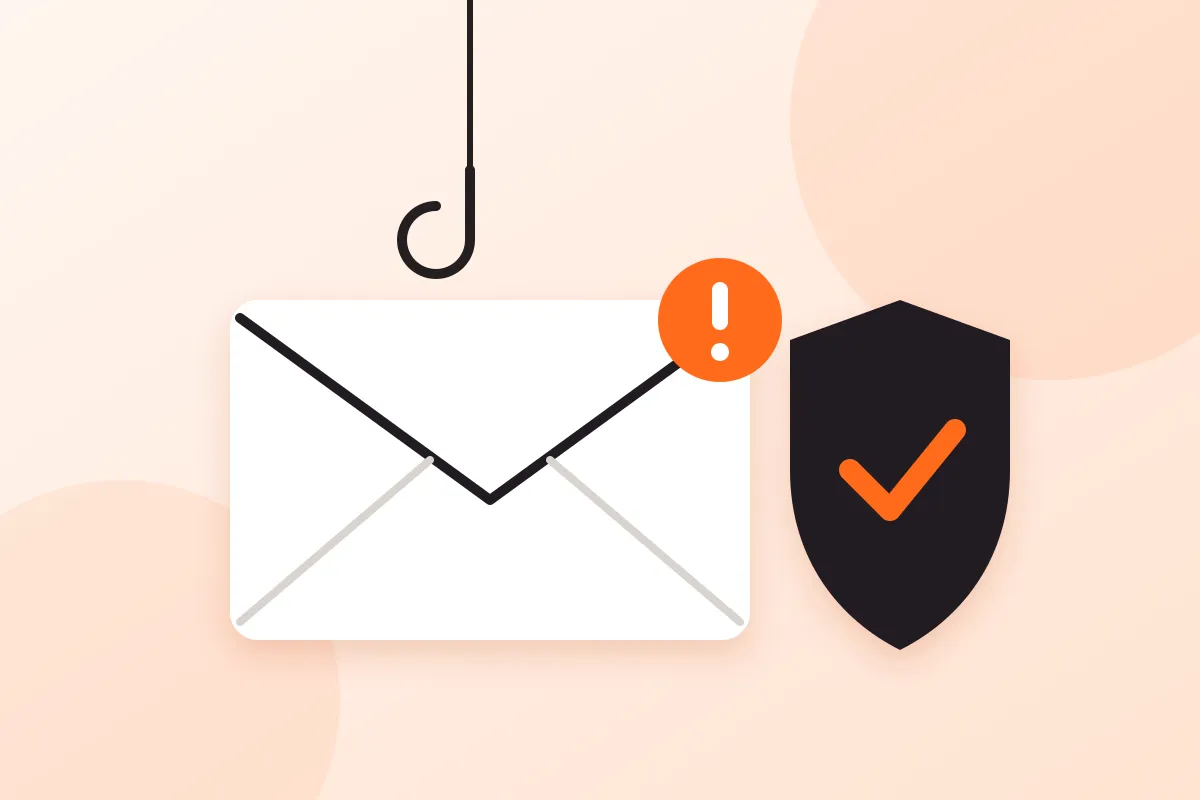 Illustratie: een e-mail aan een vishaak naast een schild met vinkje